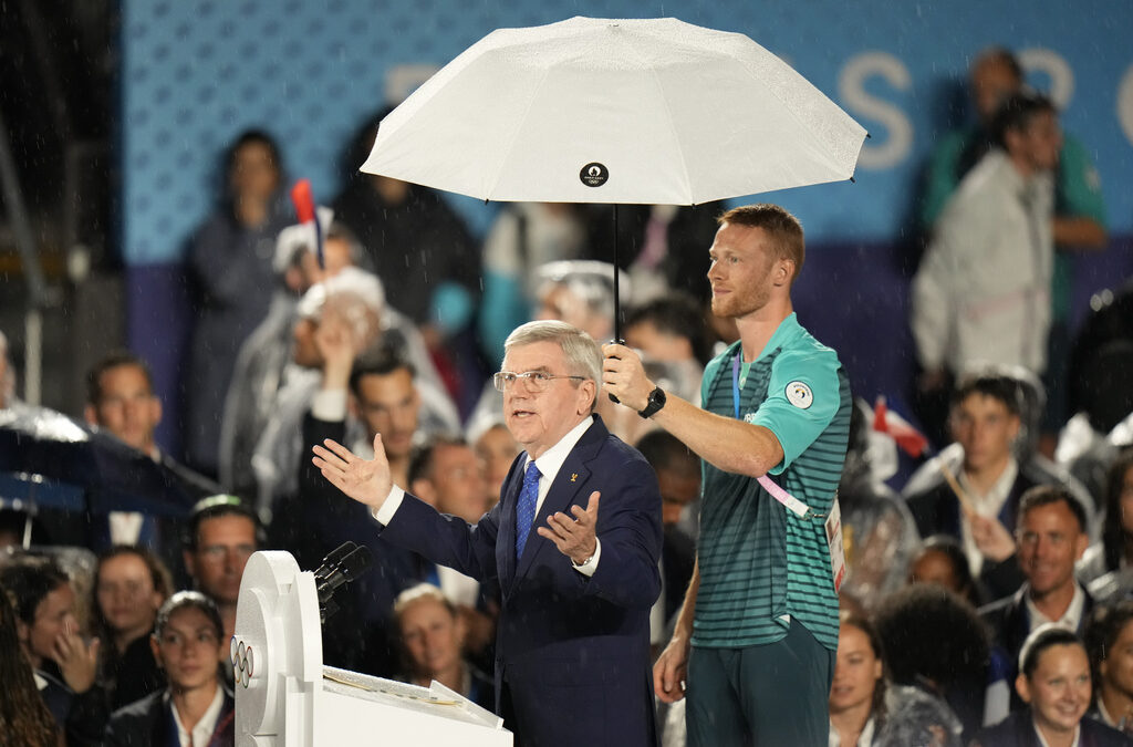 Thomas Bach, President of the IOC, speaks in Paris, France, during the opening ceremony of the 2024 Summer Olympics, Friday, July 26, 2024.