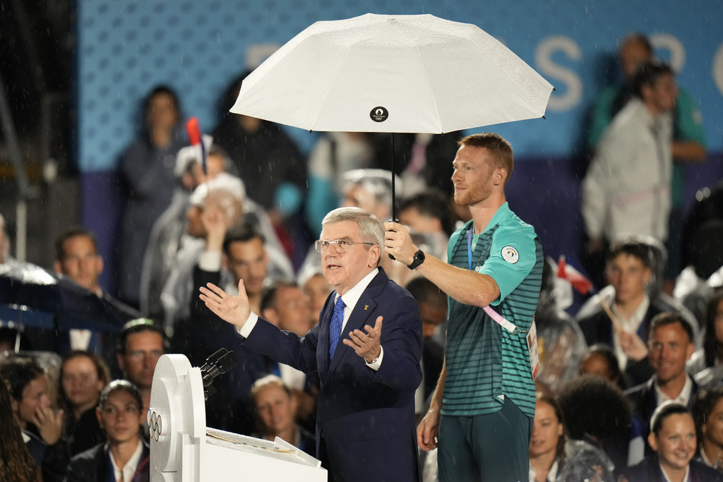 Thomas Bach, President of the IOC, speaks in Paris, France, during the opening ceremony of the 2024 Summer Olympics, Friday, July 26, 2024.