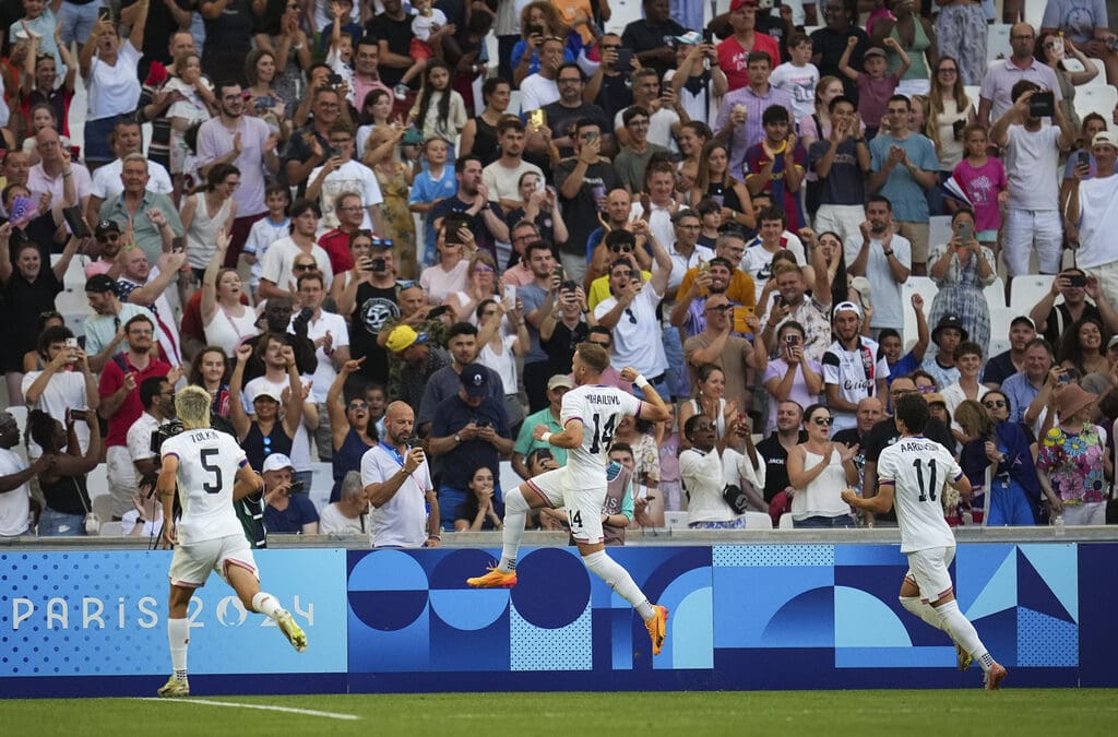 United States' Djordje Mihailovic, center, celebrates after scoring his side's first goal during the men's Group A soccer match between New Zealand and the United States at the Velodrome stadium, during the 2024 Summer Olympics, Saturday, July 27, 2024.