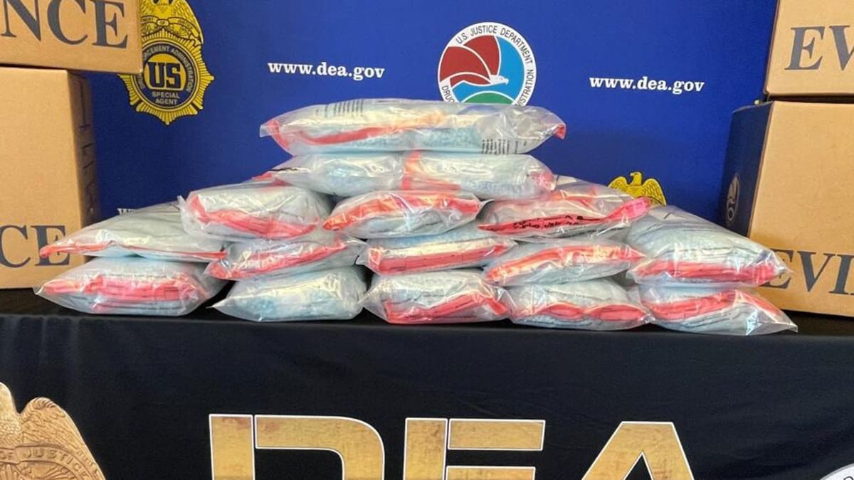 Tens of thousands of fentanyl pills recently seized by the DEA’s Rocky Mountain Field Division are pictured on July 1, 2024.