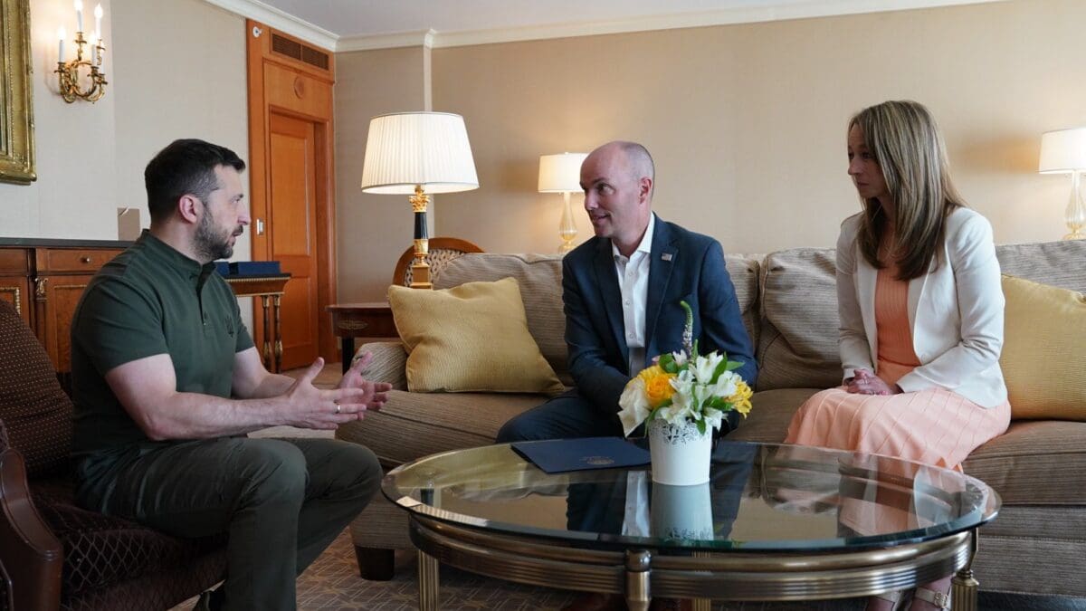 Ukranian President Volodymyr Zelenskyy, Utah Gov. Spencer Cox and Utah First Lady Abby Cox.