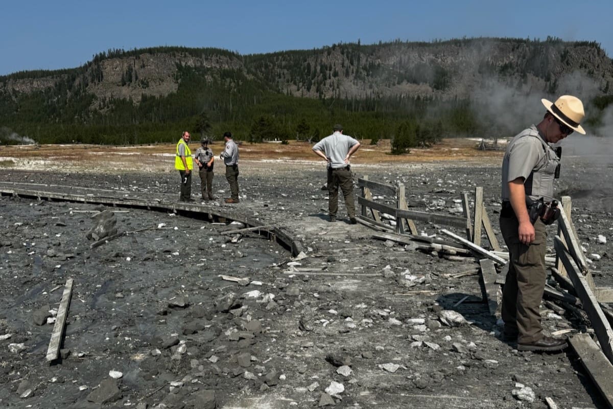 Biscuit Basin debris on boardwalks Park staff assess the damage to Biscuit Basin boardwalks after hydrothermal explosion