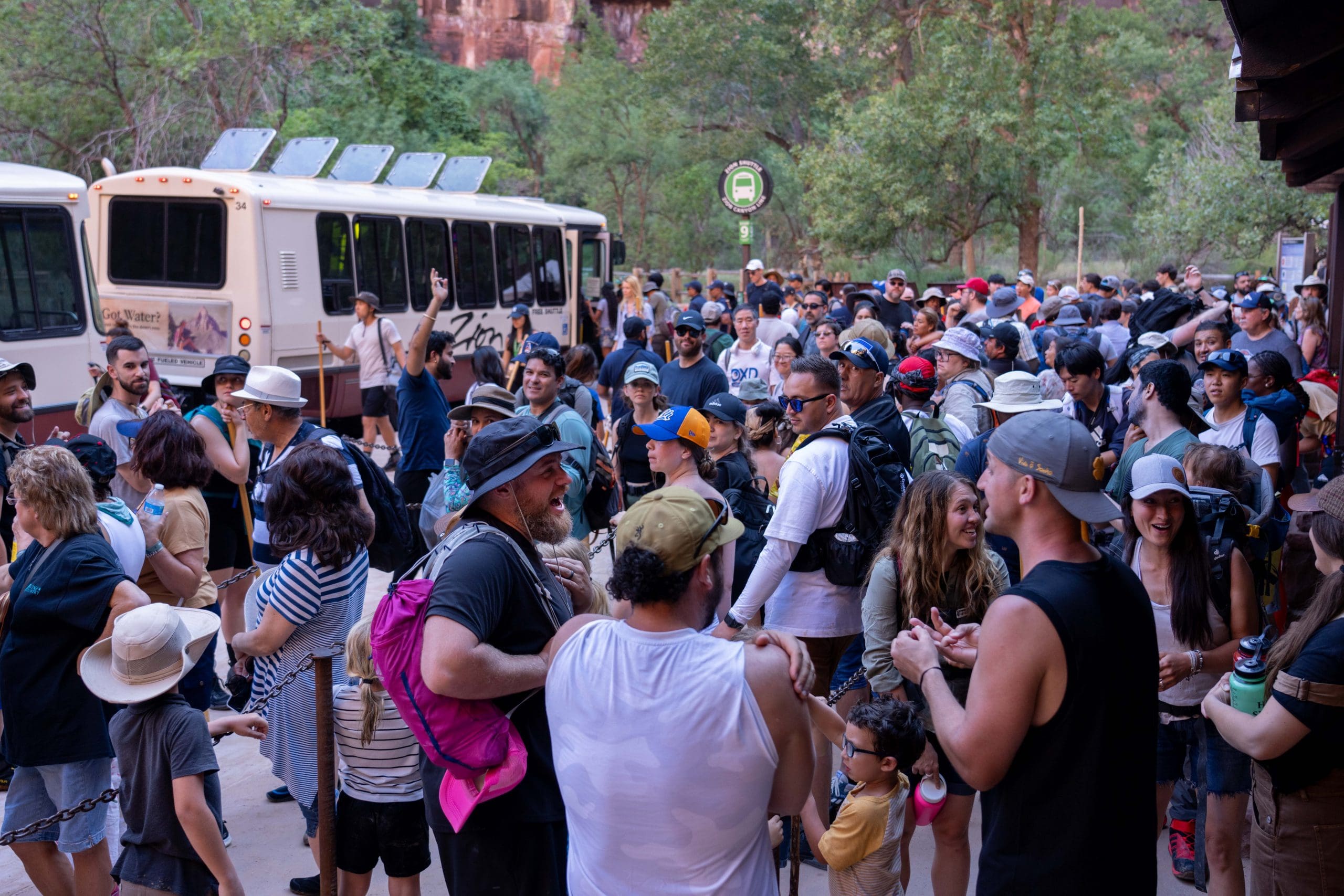 Shuttle lines at the Temple of Sinawava during the 2023 Fourth of July weekend.