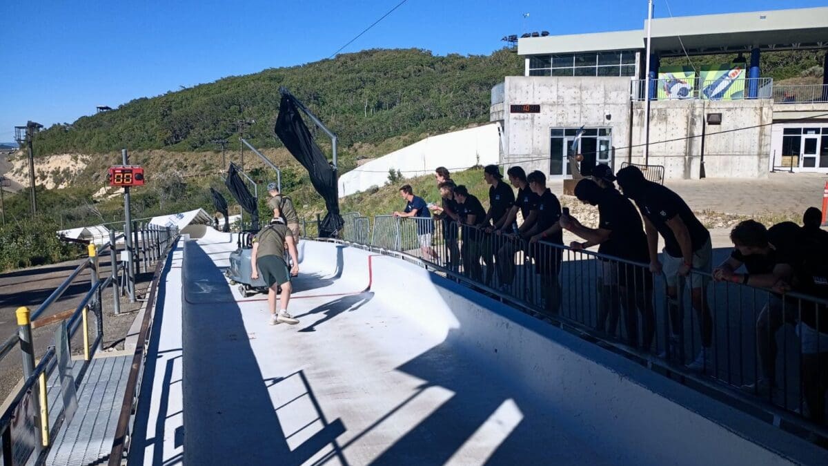 Some members of the Utah Hockey Club enjoying bobsled rides at the UOP.