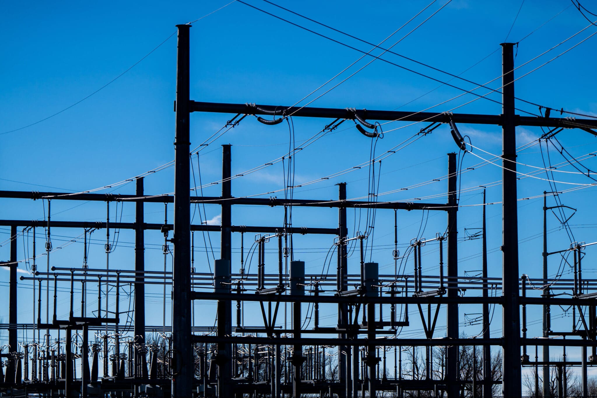 Power transmission lines near the Lake Side natural gas power plant in Vineyard are pictured on Sunday, Feb. 4, 2024.