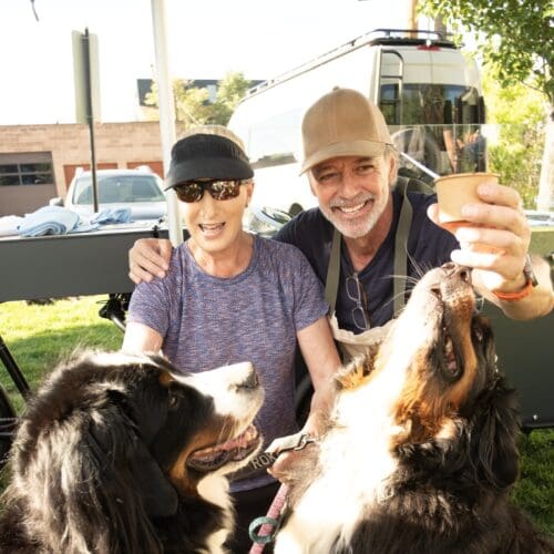 Mack with Sasha and Mocha and their human. Mack created a specialty gelato after them, called the Sasha Mocha, which was the neighborhood potluck fave.