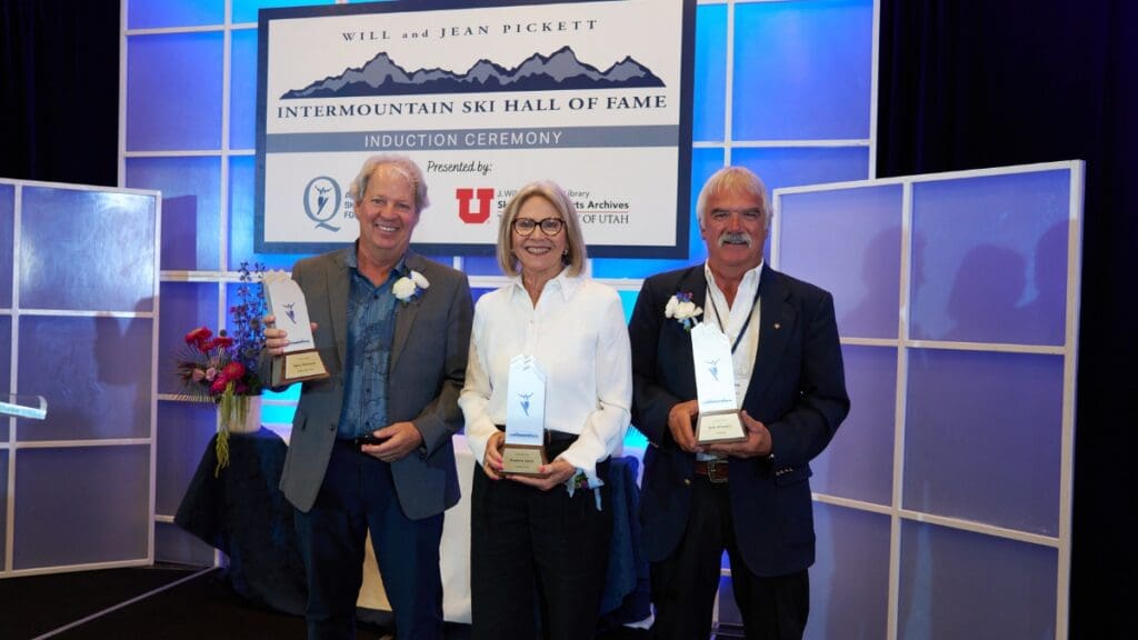 Right to Left: Steve Bounous, Raelene Davis, and Bob Wheaton after receiving their awards for being inducted into the Intermountain Ski Hall of Fame.