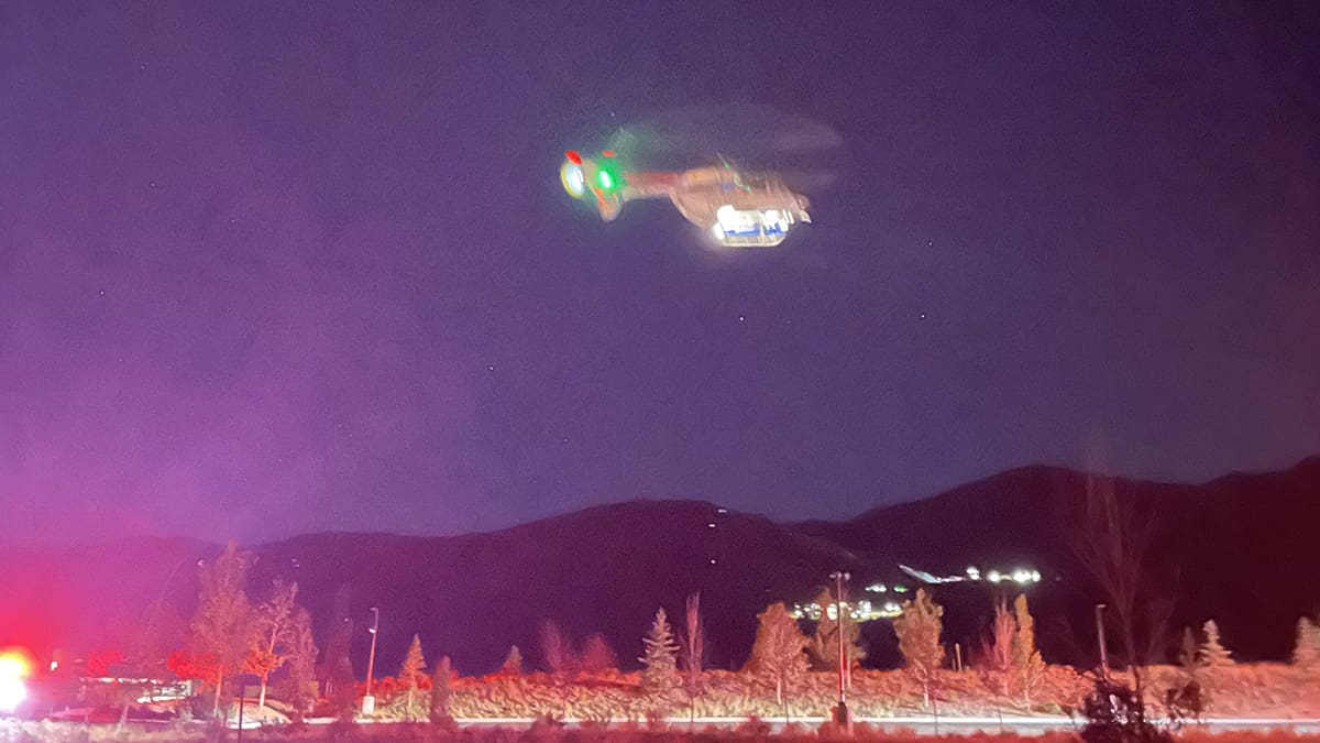 A Life Flight helicopter takes off from the Skullcandy parking lot after a woman was treated with Narcan after a drug overdose Friday, August 16, 2024.