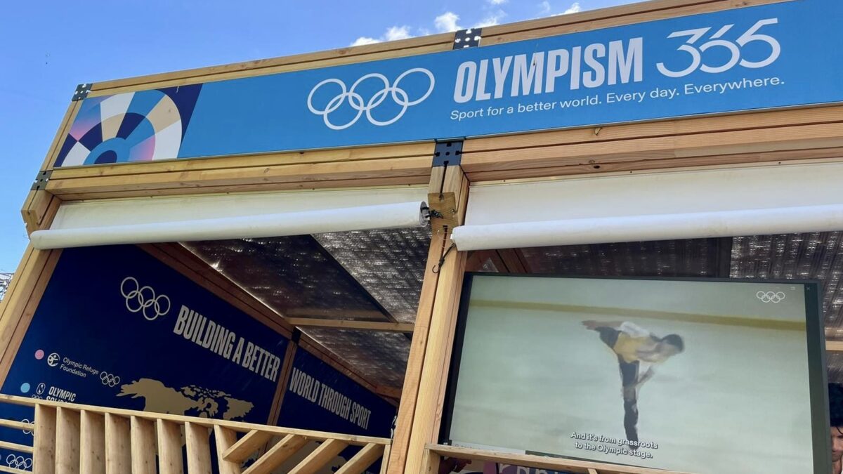 One of the IOC public displays set up at the Paris 2024 Olympic Games. Olympism 365 is a nonprofit international organization which pertains to many past Olympians, like Rulon Gardner.