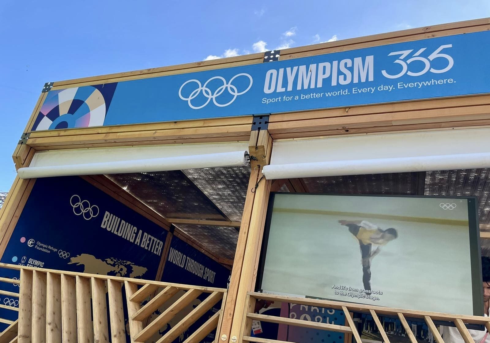 One of the IOC public displays set up at the Paris 2024 Olympic Games. Olympism 365 is a nonprofit international organization which pertains to many past Olympians, like Rulon Gardner.