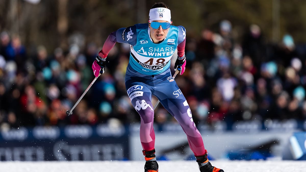 Rosie Brennan during the Stifel Loppet Cup 10km freestyle individual start at Theodore Wirth Park on February 18, 2024 in Minneapolis, Minnesota.