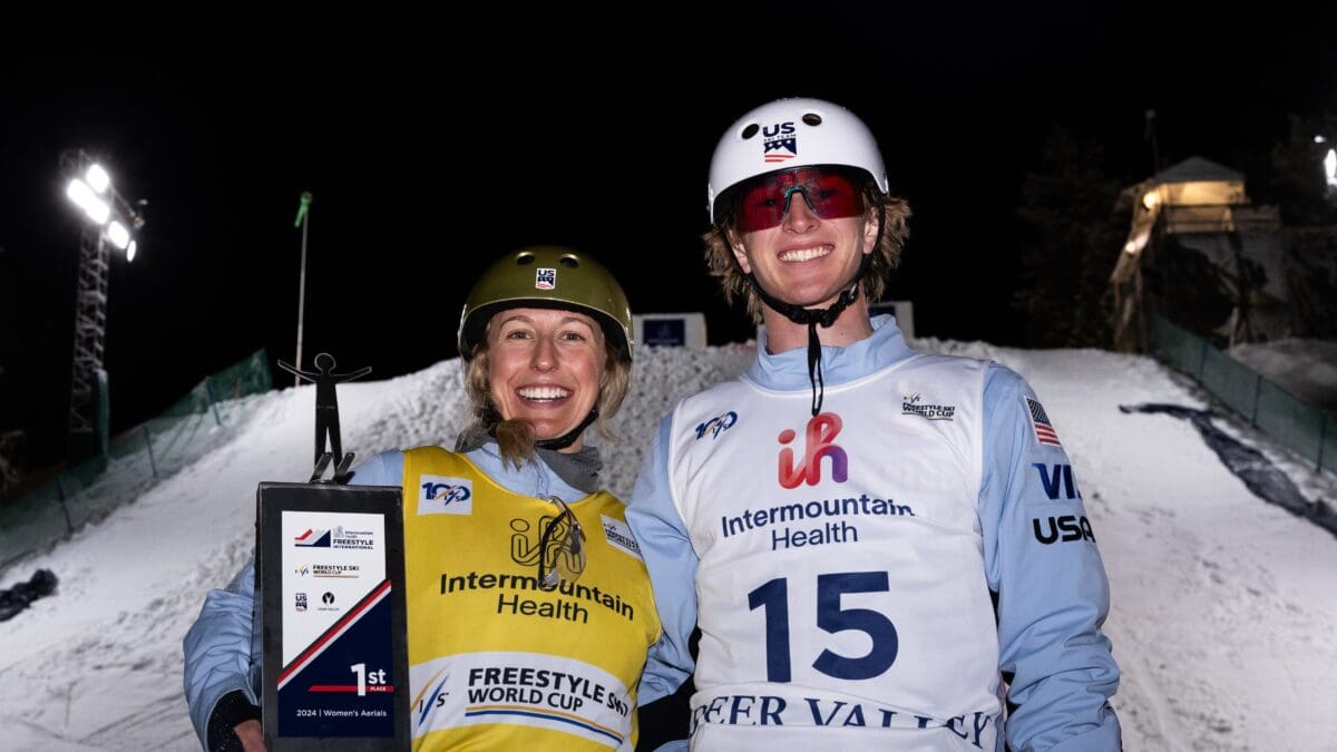 Winter Vinecki and Connor Curran after the Intermountain Health Freestyle World Cup aerials at Deer Valley Resort on February 02, 2024 in Park City, Utah.