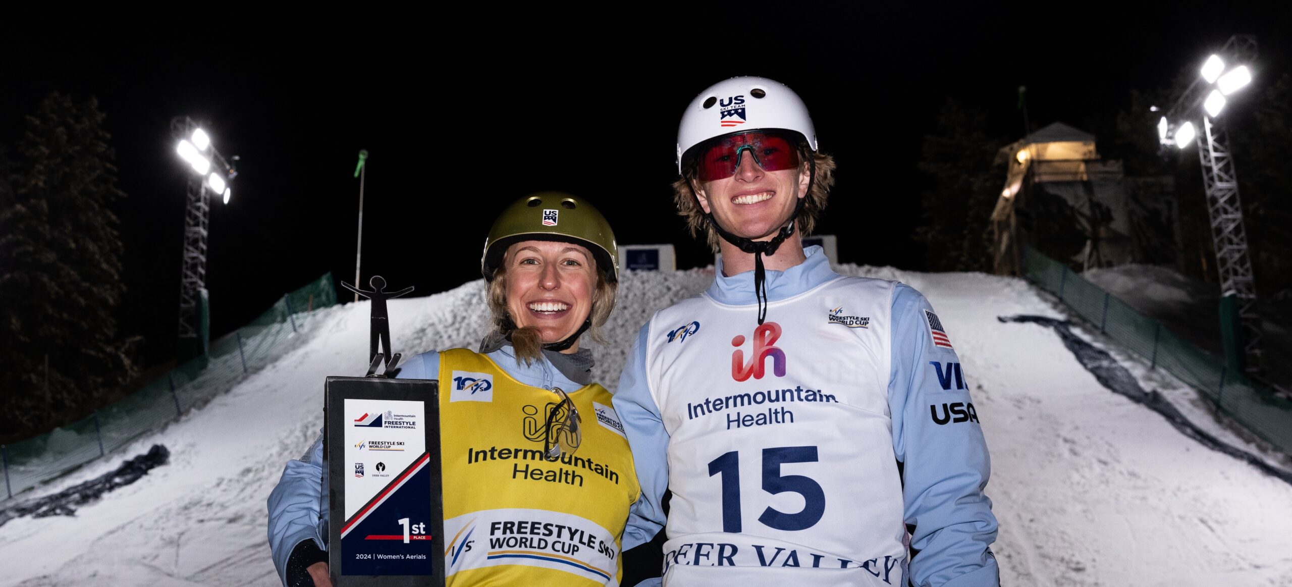 Winter Vinecki and Connor Curran after the Intermountain Health Freestyle World Cup aerials at Deer Valley Resort on February 02, 2024 in Park City, Utah.