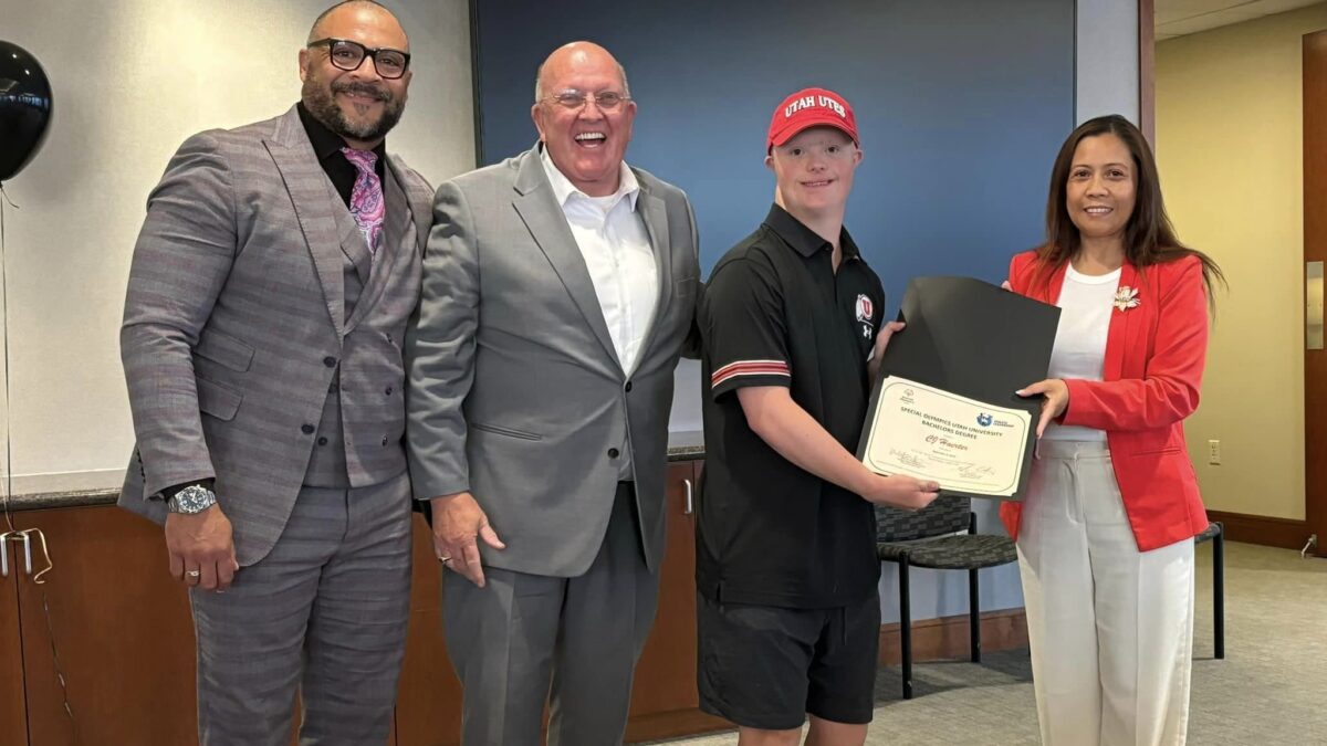 Bill Schuffenhauer (left) Olympian, celebrating the successes of Special Olympians like Park City's C.J. Haerter (3rd from left).