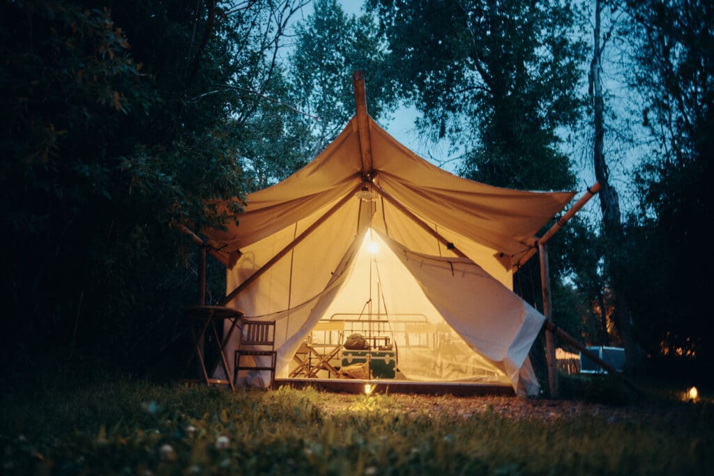 A cozily lit glamping tent at Coalville's newest outdoor resort.