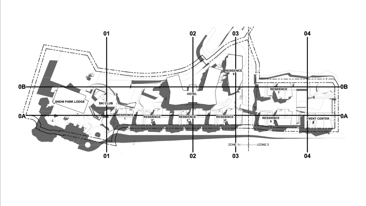 Design rendering for layout of new Snowpark development including hotel and residences footprints.
