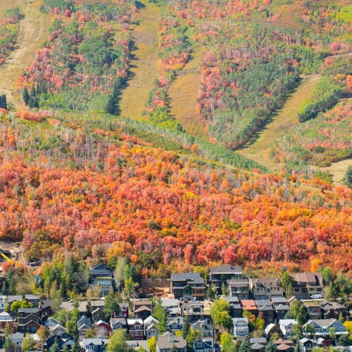 Fall foliage over town, Main Street Park City, PCMR.