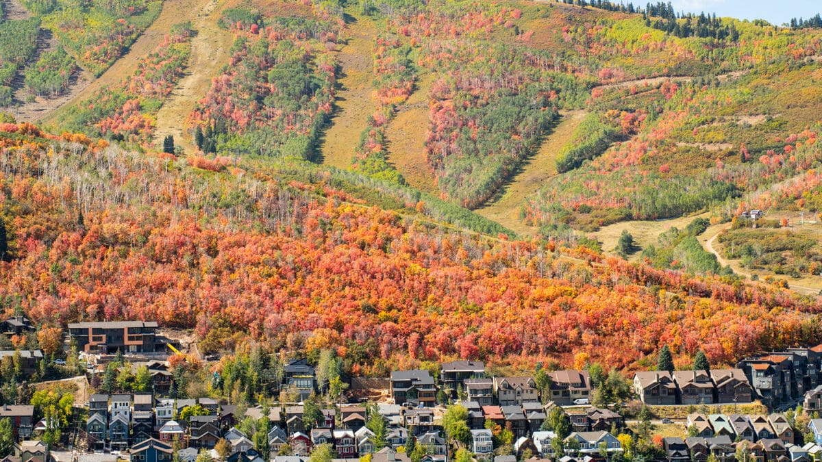 Fall foliage over town, Main Street Park City, PCMR.