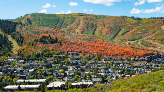 Fall foliage over town, Main Street Park City, PCMR.