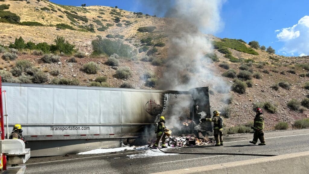 Firefighters extinguishing semi truck fire on I-80 on  Sept. 2, 2024.