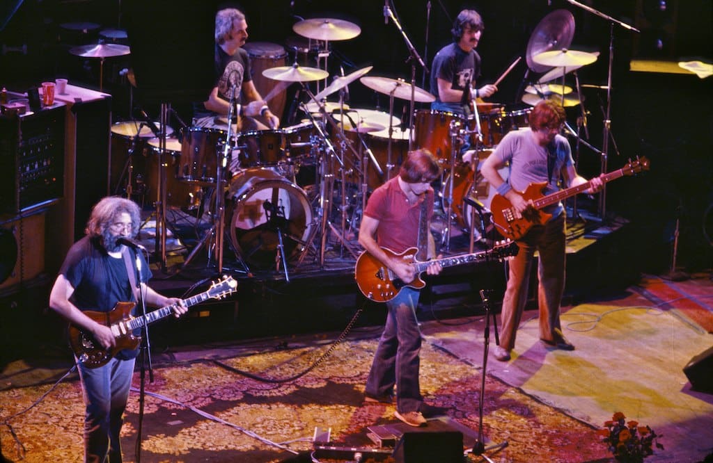 Grateful Dead at Warfield Theatre in 1980. Left to right: Jerry Garcia, Bill Kreutzmann, Bob Weir, Mickey Hart, Phil Lesh.