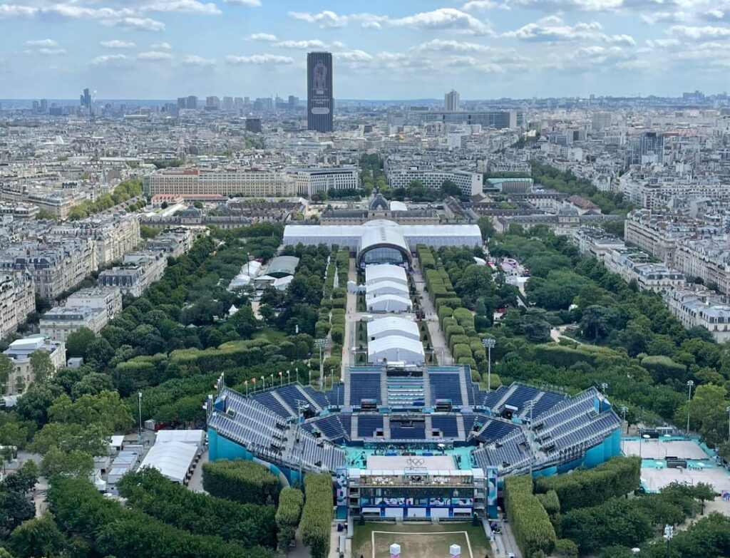 Taken from atop the Eiffel Tower, this photo shows the Paralympic venues of Fencing and Blind Soccer, used also in the Olympics for Fencing and Beach Volleyball.