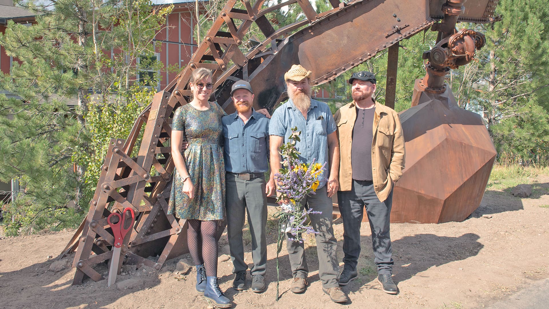 Friends of Ski Mountain Mining History Art Installation Ribbon Cutting Ceremony, artist Matt Burney, wife Harper Council Burney, Milo Lowe (beard), Mayor Nann Worel, with Mayor of sister city of Courchevel, France.
