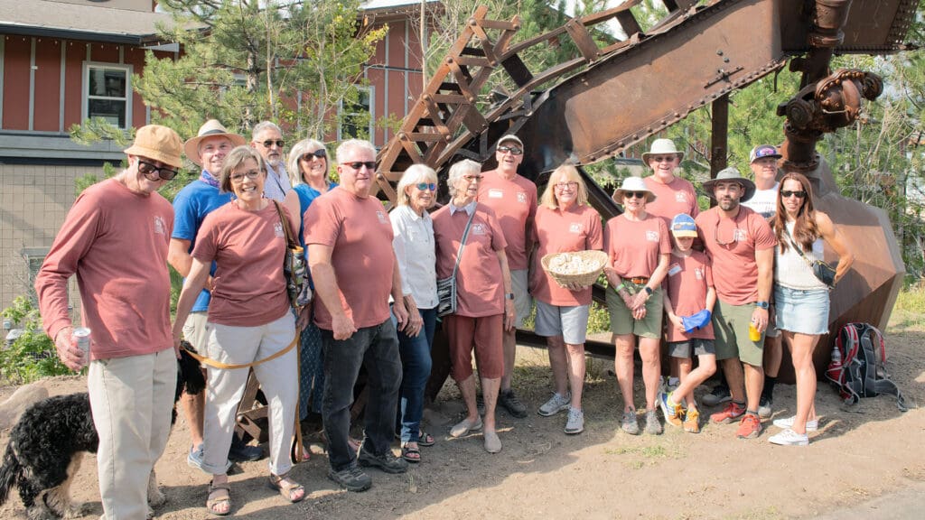 Friends of Ski Mountain Mining History Art Installation Ribbon Cutting Ceremony, artist Matt Burney, wife Harper Council Burney, Milo Lowe (beard), Mayor Nann Worel, with Mayor of sister city of Courchevel, France.