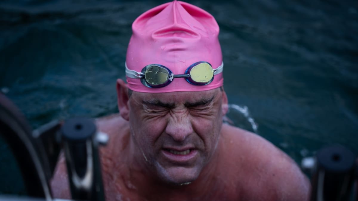 Rob Lea after he finished the 21-mile swim across the North Channel.