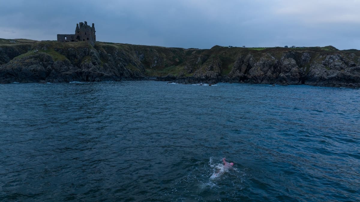 Rob Lea at the finish line of the North Channel swim.