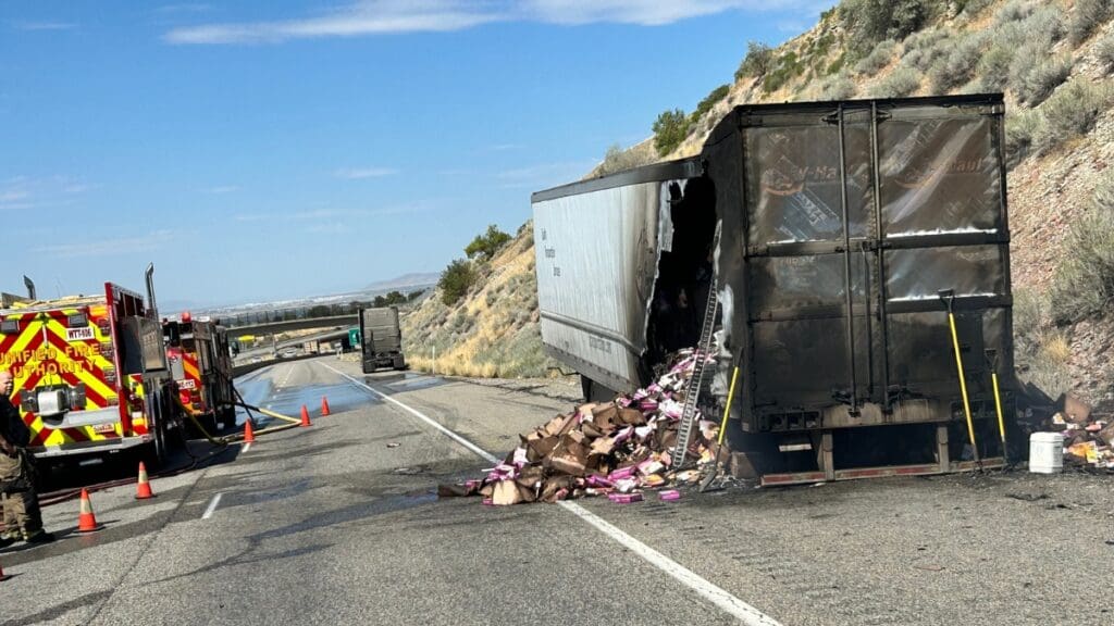 The remnants of the fire extinguished on I-80 at the mouth of Parley's on Sept. 2, 2024.