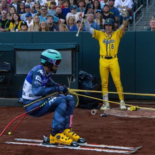 Skiing to the plate at the Savannah Bananas game in Salt Lake City.