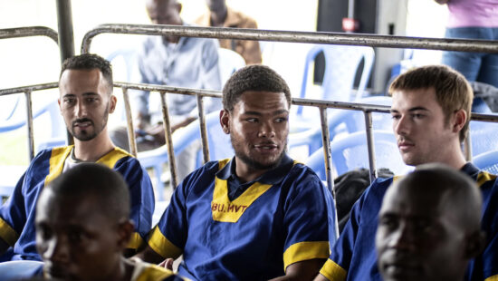 Benjamin Reuben Zalman-Polan, left, Marcel Malanga and Tyler Thompson, all American citizens, attend a court verdict in Congo Kinshasa, Friday, Sept. 13, 2024.