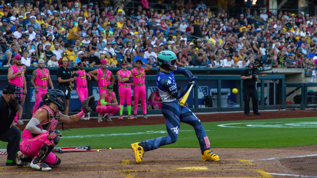 Reese Alexeides up to bat at the Savannah Bananas game in Salt Lake City.