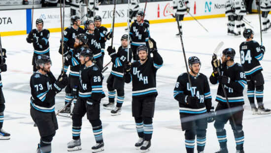 The Utah Hockey Club celebrates their win over the Los Angeles Kings in overtime in a pre-season NHL hockey game, Monday, Sept. 23, 2024, in Salt Lake City.