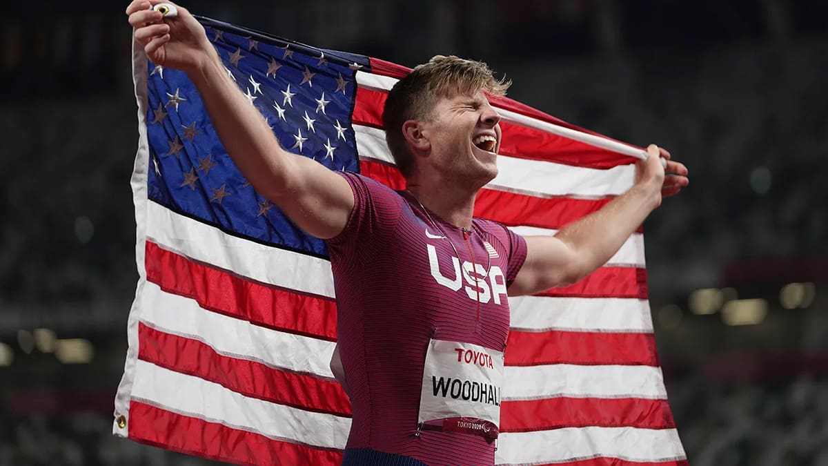 Hunter Woodhall of the US celebrates after finishing third during the men’s T62 400m final at Tokyo 2020 Paralympic Games, Sept. 3, 2021, in Tokyo, Japan.