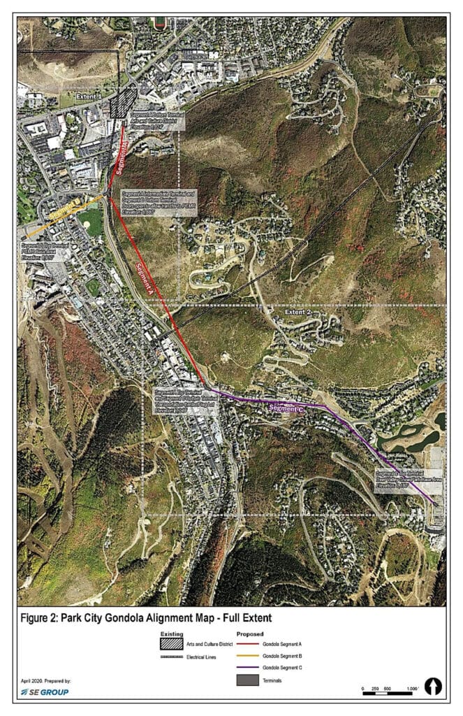 A 2020 map suggesting a potential aerial transit route that would connect Prospector and Old Town Park City with Snow Park.