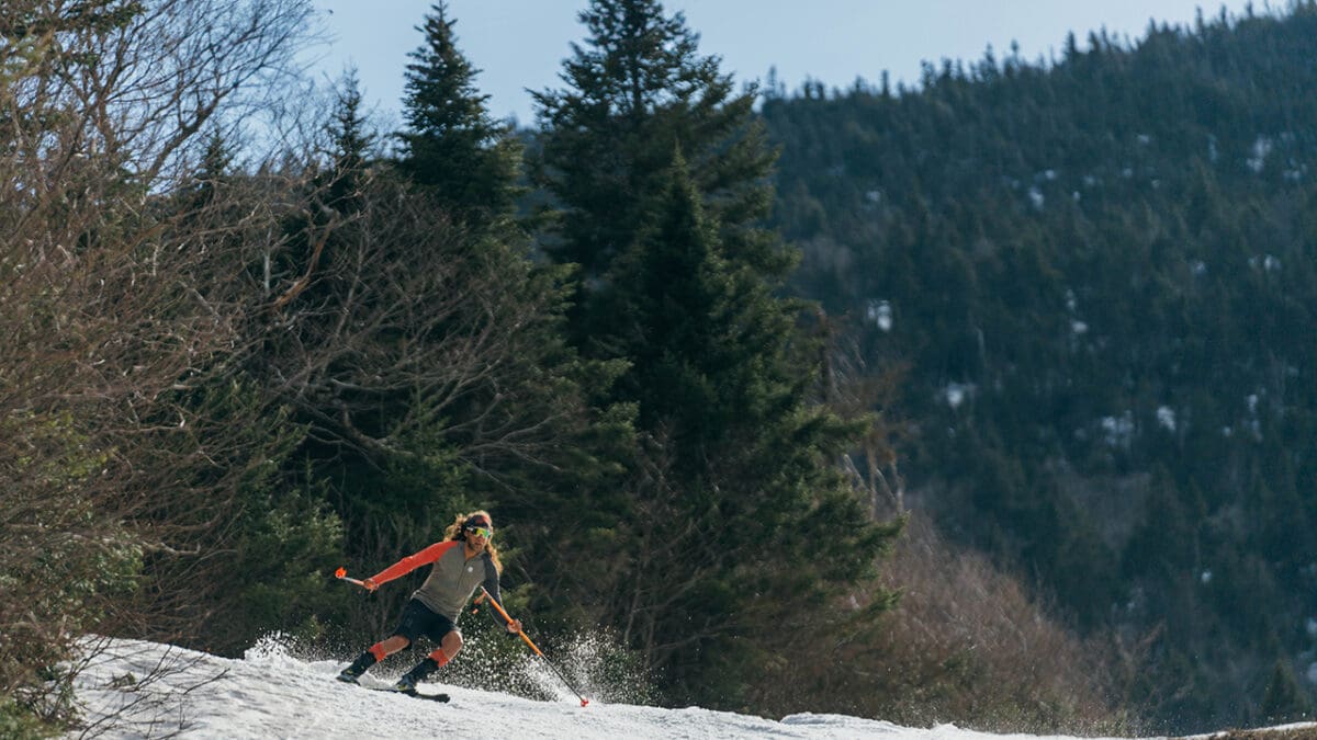 Noah Dines skiing Mount Mansfield on May 24, 2024.