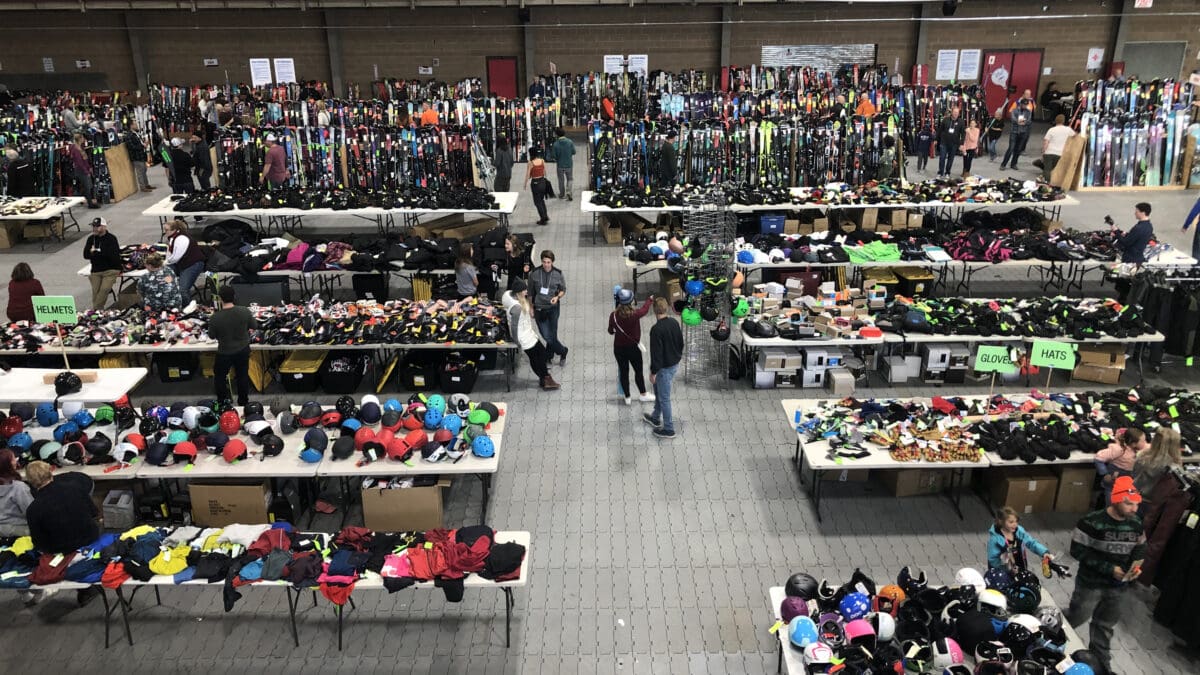 Shoppers browse through a wide selection of skis, snowboards, and winter gear at the annual Park City Ski and Snowboard Club's ski swap, held at the Basin Recreation Field House.