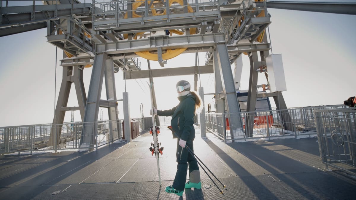 Resi Stiegler, 8 months pregnant on the Jackson Hole tram dock.