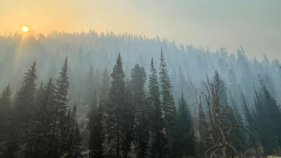 Light filters through the smoke along Route 35 in the heart of the Yellow Lake Fire on Oct. 8, 2024.