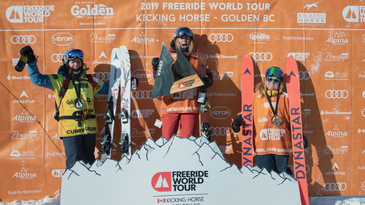 Parkite Jac Pollard on the podium for the Freeride World Tour at Kicking Horse.