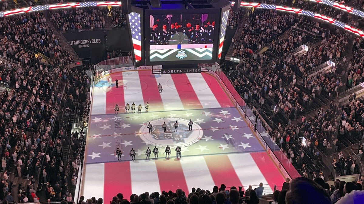 The Utah Hockey Club and Boston Bruins reeady for their game on Saturday, October 19, 2024 as the crowd stands for the National Anthem.