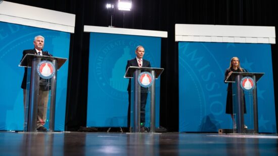 From left to right: Independent American candidate Carlton Bowen, Republican Utah Rep. John Curtis and Democrat Caroline Gleich participate in a debate put on by the Utah Debate Commission at Weber State University on Thursday, Oct. 10, 2024.