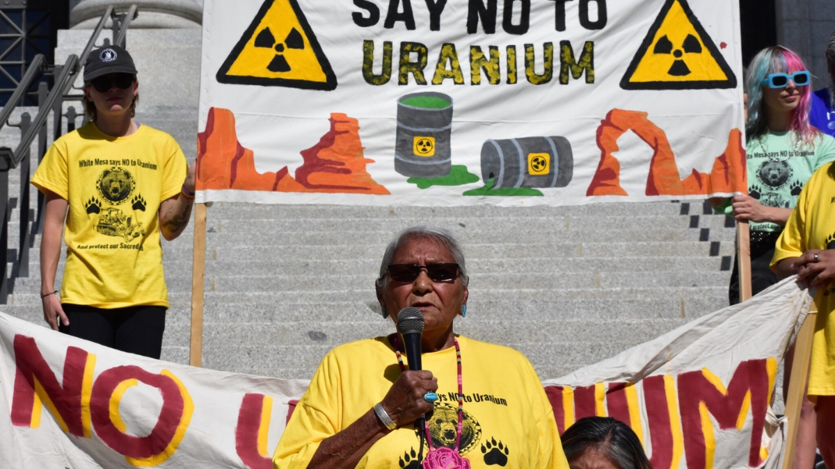 Thelma Whiskers of the Ute Mountain Ute tribe speaks in opposition of the White Mesa Uranium Mill during a protest outside the Utah Capitol Building in Salt Lake City on Friday, Oct. 4, 2024.