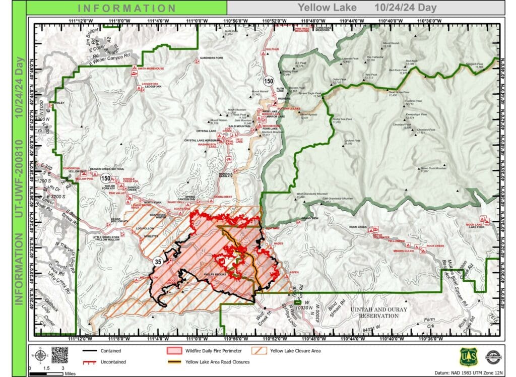 A map showing the containment area (in black) of the Yellow Lake Fire on October 24.