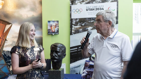 Annie Bommer and IOC President Thomas Bach at the Alf Engen Ski Museum in September of 2024.