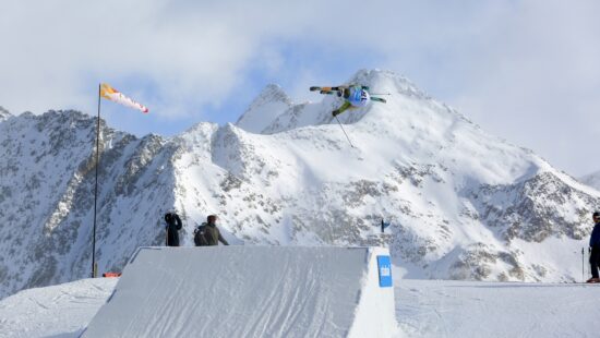 American athlete Hunter Henderson mid-air during slopestyle training in Stubai, Austria, where Park City's Colby Stevenson took the top spot on the podium.