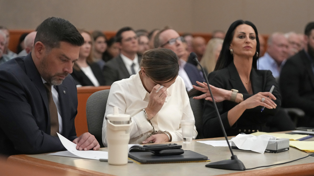 Kouri Richins, a Utah mother of three who authorities say fatally poisoned her husband then wrote a children's book about grieving, cries during a bail hearing Monday, June 12, 2023, in Park City, Utah. A judge ruled to keep her in custody for the duration of her trial.