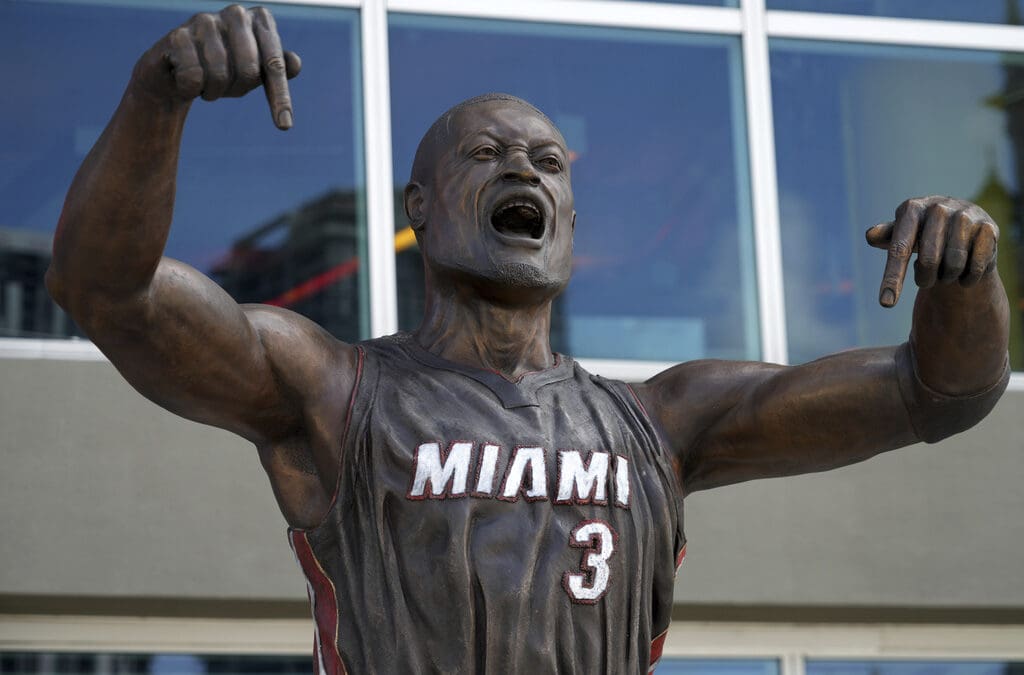 A statue of former Miami Heat guard Dwyane Wade at the Kaseya Center, Wednesday, Oct. 30, 2024, in Miami.